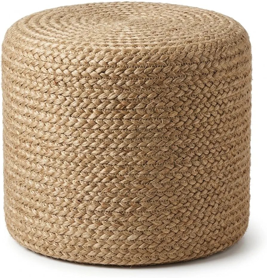 Natural Dori Cotton Pouf Ottoman | Handwoven Braided Stool Decorative Jute Furniture for Home, Office, Boho & Farmhouse Décor 40Dx40Wx33H Cm Beige - Image 3