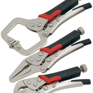 3PC Mini Locking Pliers Set Soft Grip Handles Curved Jaw / Long Nose / C-Clamp