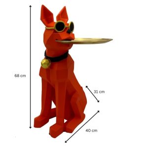 Luxury Dog Sculpture on Tray 75x42cm Doberman Serving Tray, Wine Rack, Welcome and Luxury Decorative Object Orange 68cm