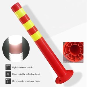 Plastic safety posts, 70cm high barrier post, traffic road cones with reflective collar, flexible traffic flow limiter for parking barriers and road safety (red an