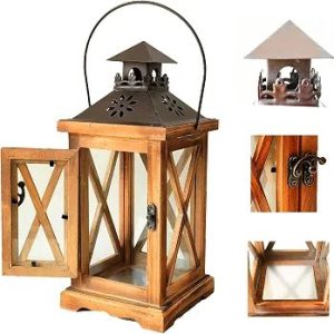 Vintage Wooden Rustic Lantern, SYCYULAN Decorative Candle Lantern with Farmhouse Style for Table Top Mantle Wall Hanging Display Wedding Party Decor Indoor Outdoor (Brown)