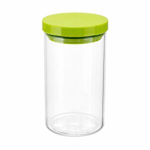 TALL GLASS STORAGE JAR CLEAR JAR WITH GREEN LID