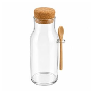 GLASS SPOON BOTTLE WOOD LID STORAGE JAR