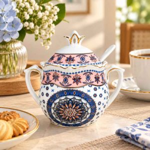 PORCELAIN SUGAR BOWL BLUE ROSE DESIGN WITH SPOON
