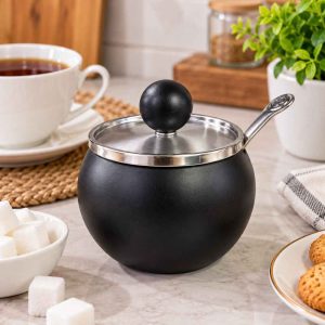 STAINLESS STEEL SUGAR BOWL BLACK SUGAR BOWL WITH SPOON