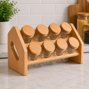 WOODEN SPICE RACK EIGHT GLASS SPICE JARS