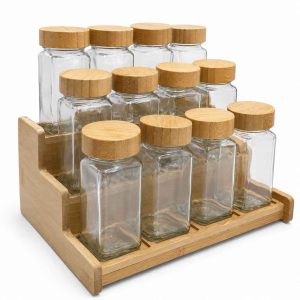 BAMBOO SPICE RACK TWELVE GLASS SPICE JARS