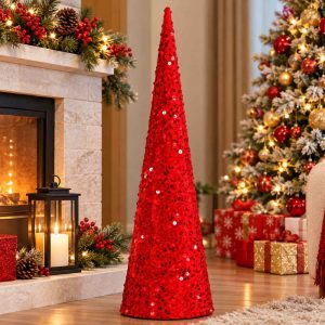 RED CHRISTMAS CONE SEQUIN CHRISTMAS TREE DECORATION