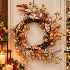 CHRISTMAS DECORATIVE WREATH GOLD COPPER LEAVES BERRY WREATH 40cm