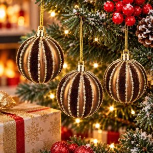 CHRISTMAS DECORATIVE BALL BRONZE GLITTER HANGING ORNAMENTS 8cm 3 pcs