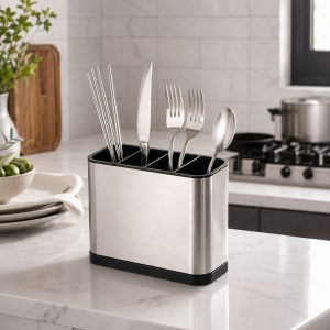 STAINLESS STEEL UTENSIL HOLDER 4 COMPARTMENT KITCHEN CUTLERY ORGANIZER