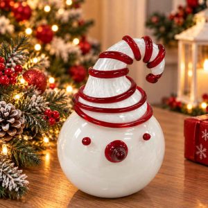 CHRISTMAS GLASS SNOWMAN DECORATIVE SNOWMAN WITH CURLY HAT