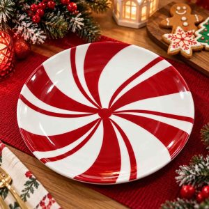 CHRISTMAS ROUND SERVING TRAY Red White Peppermint Swirl Design  melamine 20cm