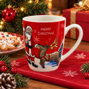 CHRISTMAS PORCELAIN MUG SANTA REINDEER MERRY CHRISTMAS DESIGN