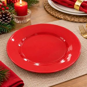 RED FAIENCE PLATE ROUND PLATE WITH GLOSSY FINISH