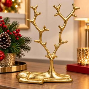 ALUMINUM SITTING DEER GOLD DEER WITH BRANCHED ANTLERS