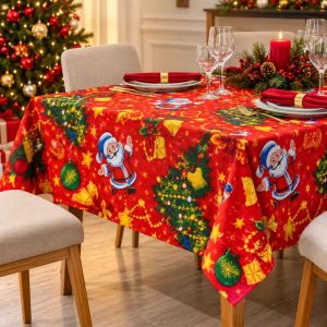XMAS FABRIC TABLECLOTH CHRISTMAS SANTA PRINT TABLE COVER