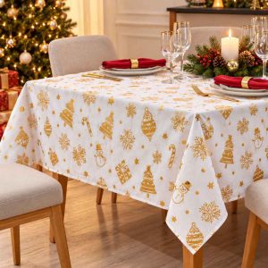 CHRISTMAS FABRIC TABLECLOTH WHITE GOLD CHRISTMAS PRINT