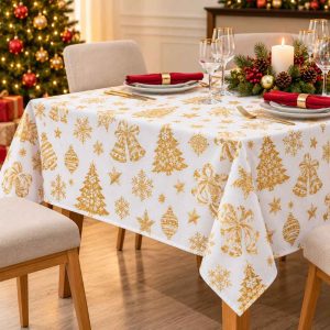 CHRISTMAS FABRIC TABLECLOTH WHITE GOLD CHRISTMAS PRINT