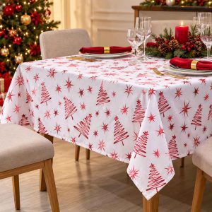 CHRISTMAS FABRIC TABLECLOTH RED CHRISTMAS TREE STAR DESIGN