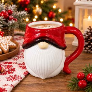 CHRISTMAS PORCELAIN MUG RED WHITE GNOME DESIGN
