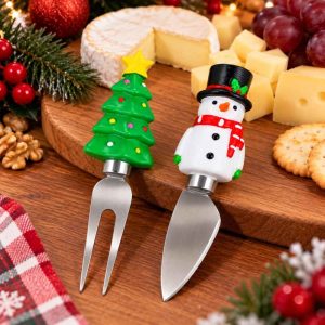 CHRISTMAS CHEESE KNIFE SET SNOWMAN AND CHRISTMAS TREE DESIGN