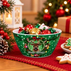 CHRISTMAS DEER BOWL 1 PCS Green Christmas Decorative Serving Bowl