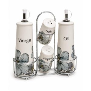 OIL VINEGAR SET FLORAL CERAMIC CRUET HOLDER