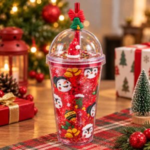 XMAS GLITTER TUMBLER CUP Christmas Glitter Straw Tumbler