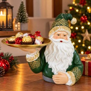 SANTA DECOR FIGURINE PORCELAIN SANTA WITH GOLD TRAY