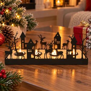 WOODEN CANDLE HOLDER CHRISTMAS DEER VILLAGE DECORATION