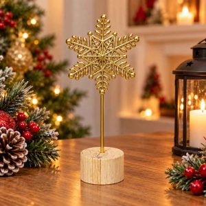 GOLD SNOWFLAKE DECORATION CHRISTMAS SNOWFLAKE WITH WOODEN BASE