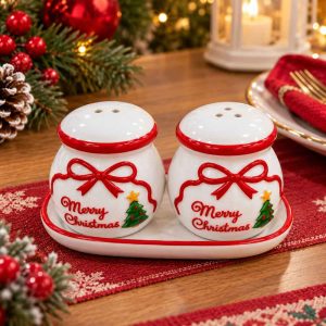 CHRISTMAS SALT PEPPER SET PORCELAIN SHAKERS WITH MATCHING DISH