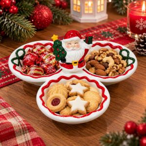 CHRISTMAS SERVING BOWL PORCELAIN SANTA THREE SECTION DISH