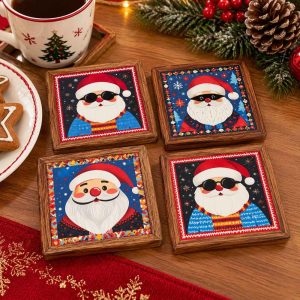 CHRISTMAS COASTER SET SANTA DESIGN WITH WOODEN FRAME